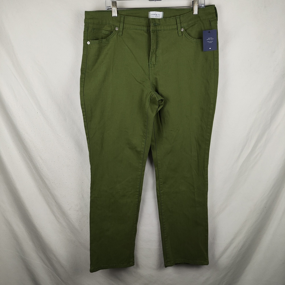 Crown & Ivy Jeans Womens 14W Green Mid Rise Straight Stretch Denim Classic
